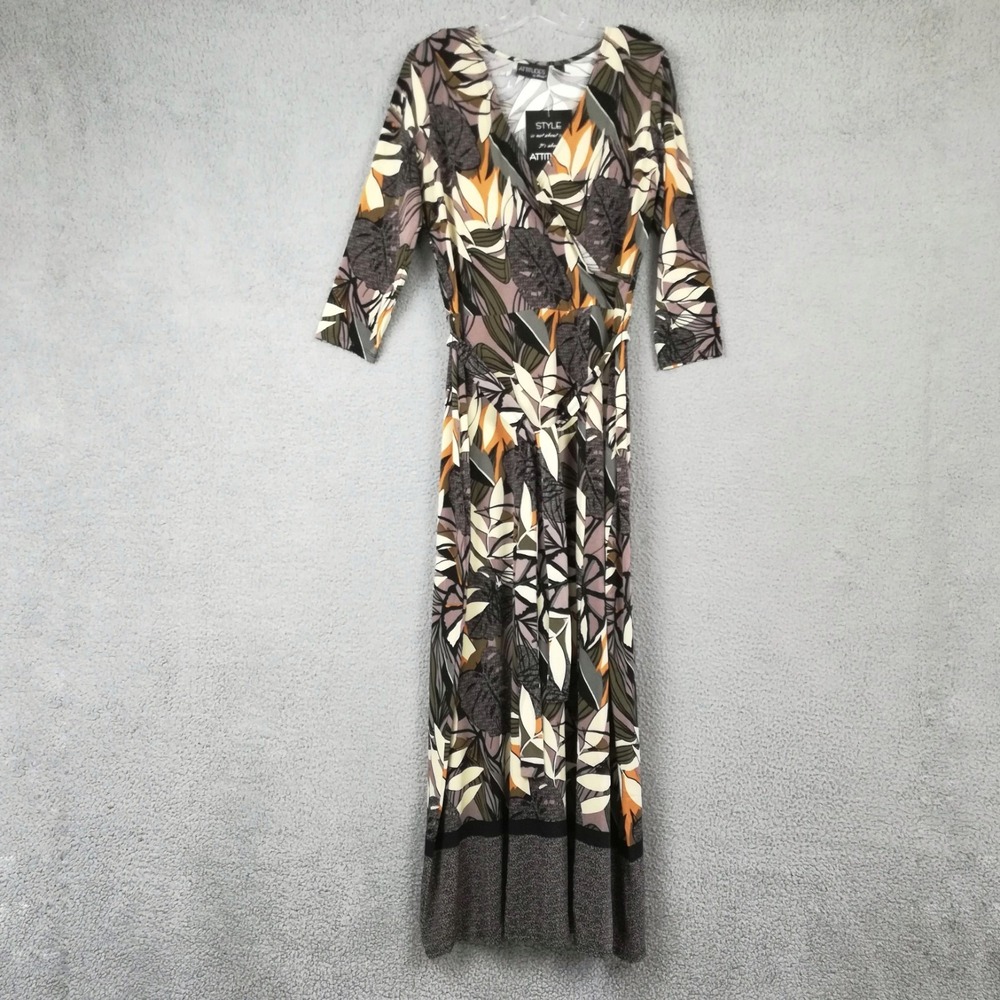 Attitudes By Renee Womens Dress Maxi Botanical Leaf Print Taupe Black L New